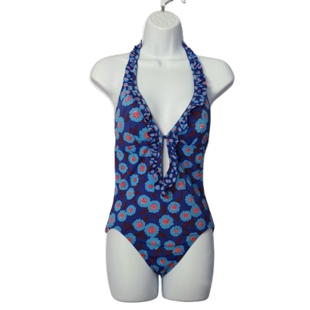 Kate Spade New York Ruffle Halter Plunge One-Piece Swimsuit Blue Size M